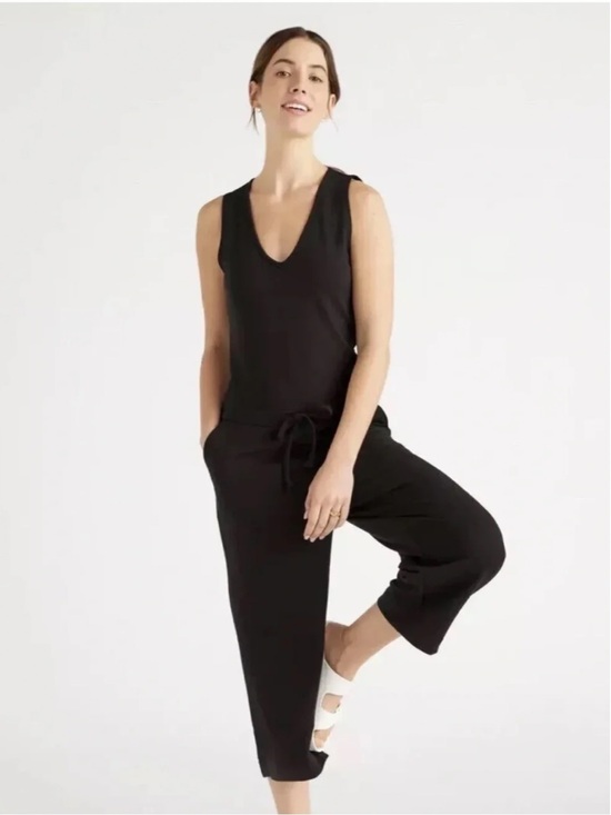 Quince Pants - Quince Jumpsuit Black French Terry Modal Sz M Romper Quiet Luxury Wide Leg Crop